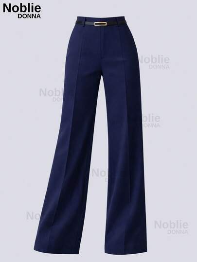Calça comprida feminina elegante em tecido plano, com pernas largas, bolsos e zíper, levemente elástica.