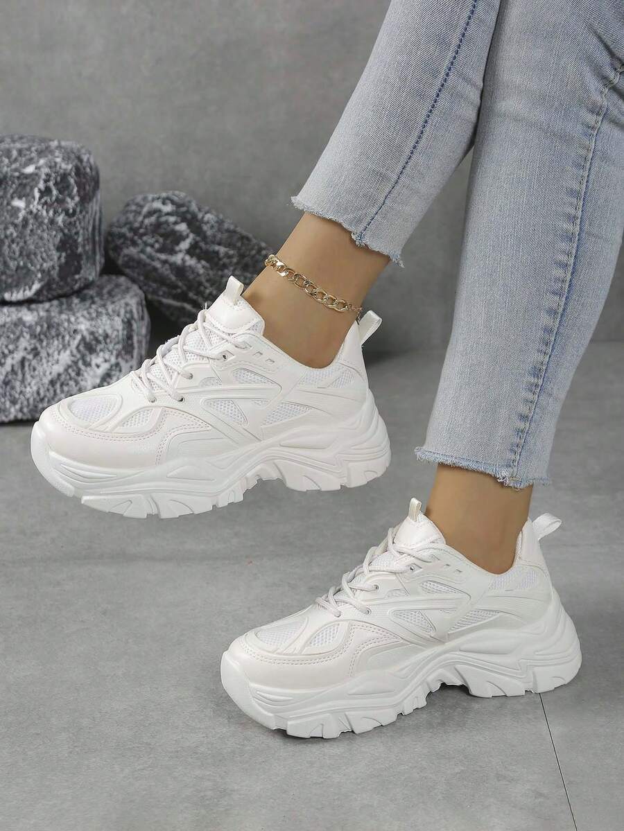 1 Pair Casual Sneakers For Teens, Breathable Mesh Upper, Thick Sole, Platform, Fashionable & Versatile White Shoes, Comfortable & Non-Slip, Suitable For Girls, Students, Campus, All Seasons