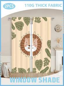2pcs/Set 110gsm Cartoon Lion Pattern Blackout Curtains, Light Blocking, Thermal Insulation, Suitable For Bedroom, Living Room, Balcony, Modern Minimalist Style, 100% Polyester - Multicolor - View 1