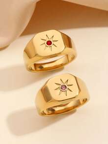 1pc Stainless Steel Fashionable And Gorgeous Retro Style Women's Pink And Red Diamond Sun Shape Pattern Ring, Suitable For Women's Daily Wear Or Gift Giving - Yellow Gold - View 7
