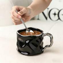 350毫升奢华不规则扭曲马克杯，镀银陶瓷咖啡杯带把手，创意褶皱纹理茶杯，适用于办公室和家庭 - 彩色 - 查看 7
