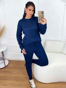 Women's Ribbed Knit Set: Mullet Blouse With Long Sleeves, Sweatshirt Set, Sweater, And Jogger Pants With Drawstring Cuffs - Winter Look - 大學藍 - 查看 1