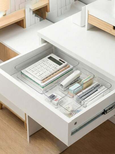 Caja de almacenamiento de cajón transparente | 4 tamaños personalizables | Multiusos para papelería, cosméticos y herramientas pequeñas | Solución organizadora de escritorio ideal para estudiantes y mujeres, contenedor de almacenamiento de plástico transparente, 4 tamaños disponibles para diseño modular, adecuado para papelería, cosméticos, herramientas pequeñas, organización de escritorio para estudiantes y mujeres