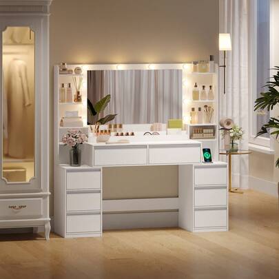 HEXCELEN Penteadeira com espelho grande, toucador e suporte para secador de cabelo, 8 gavetas, compartimentos abertos, 40 * 135 * 145,2 cm, penteadeira moderna branca e prateada.