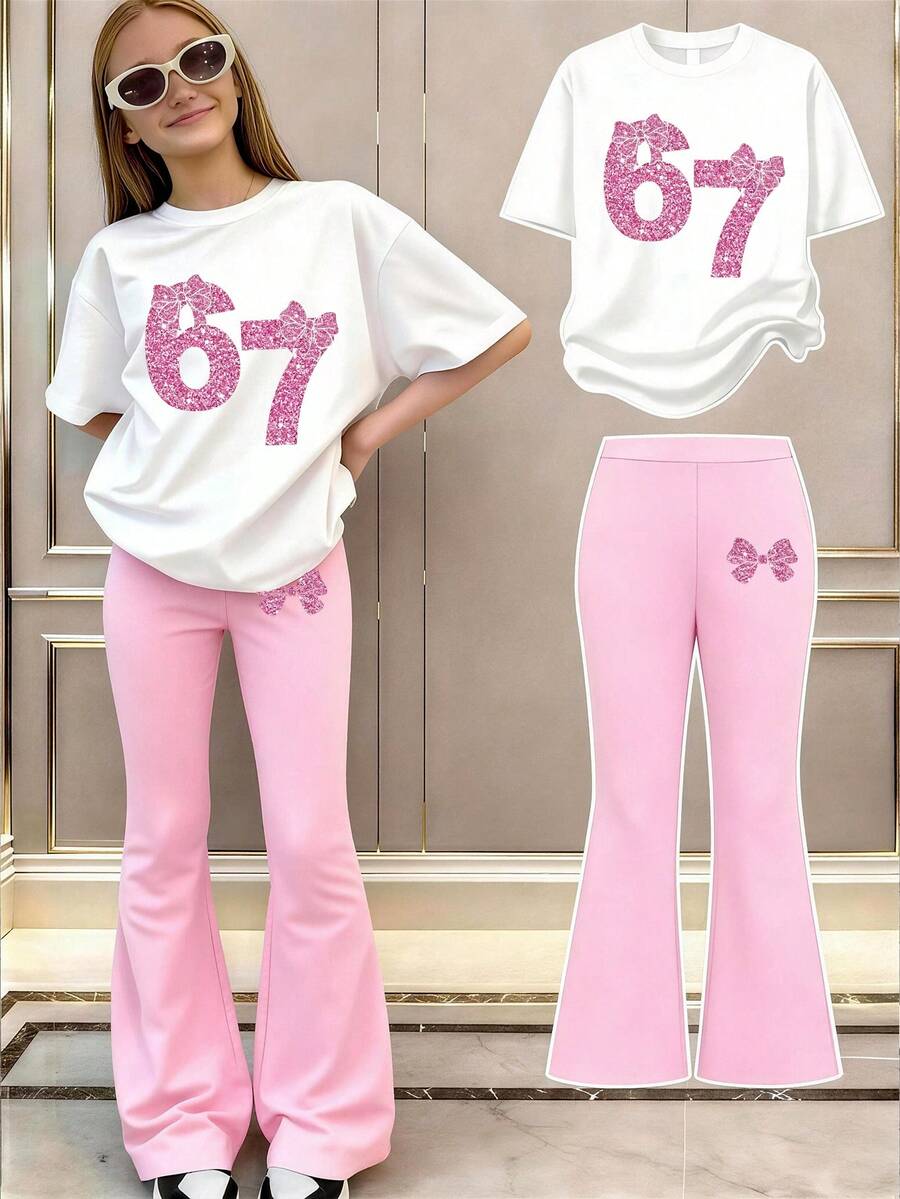 2 Stücke Mädchen Set, rosa Pailletten "67" + Schleifenprint, lässiger Streetwear Stil Outfit - Weiss - Übersicht 1