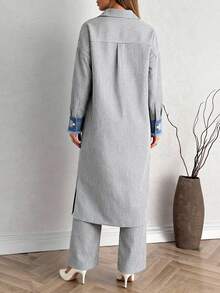 Women Boho Casual Denım Pocket Detailed Stripe Pant And Long Blouse Two Peices Set - Beige - View 3