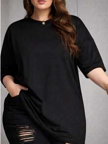 Women's Plus Size Plain Crew Neck T-Shirt,  And Oversized - Black - View 1