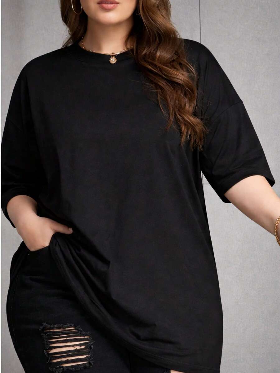 Women's Plus Size Plain Crew Neck T-Shirt,  And Oversized - Black - View 1