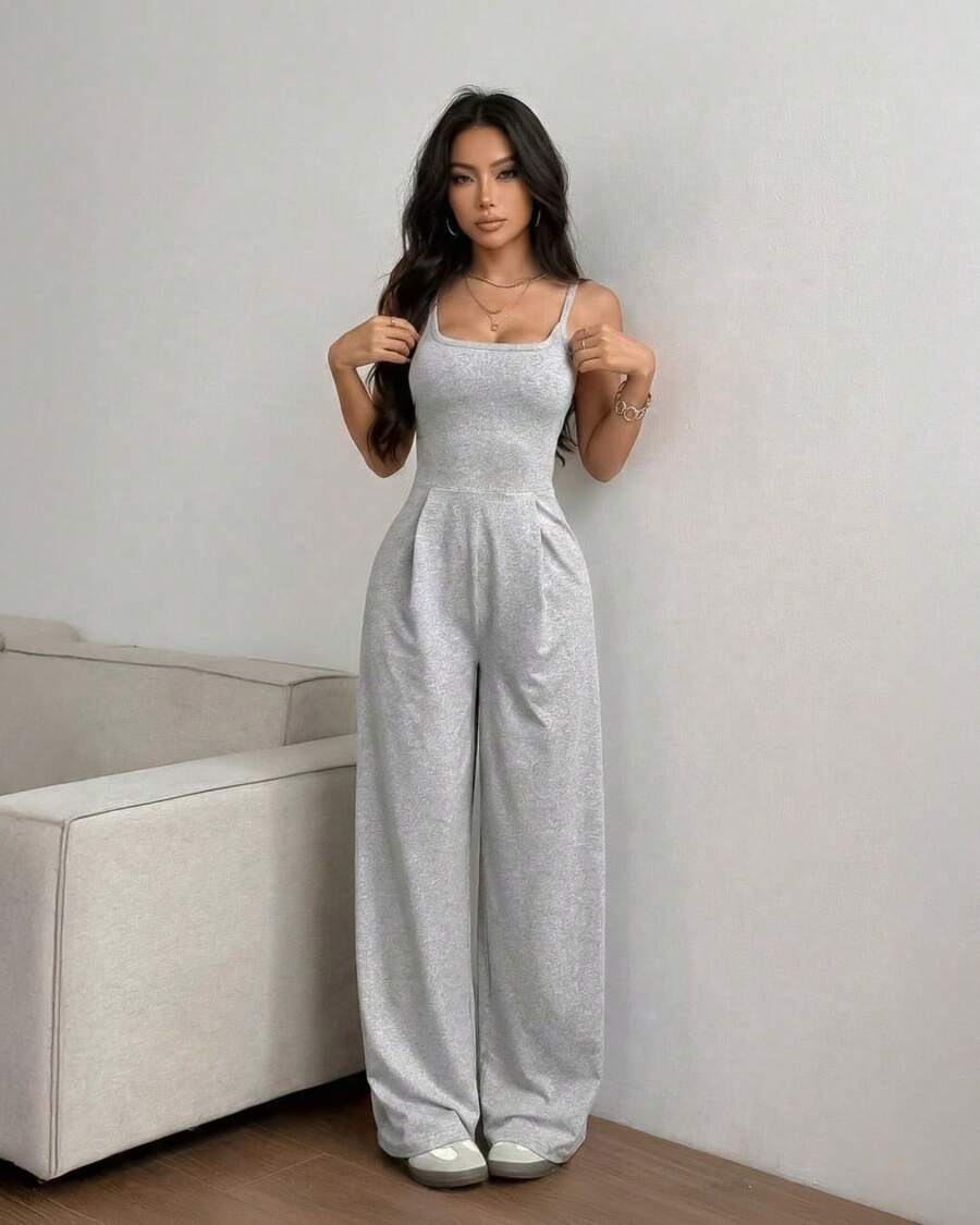 Swisz Women's Long Jumpsuit With Thin Straps And A Low Back - Sophisticated, Casual, And Comfortable - 灰色 - 查看 1