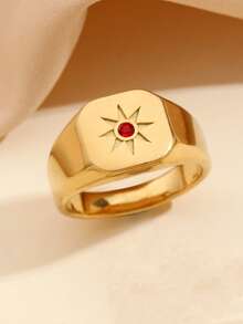1pc Stainless Steel Fashionable And Gorgeous Retro Style Women's Pink And Red Diamond Sun Shape Pattern Ring, Suitable For Women's Daily Wear Or Gift Giving - Yellow Gold - View 15