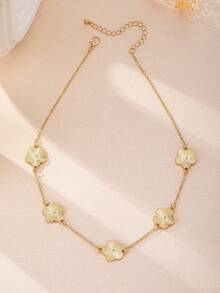 Set 6 buah Kalung, Gelang, Cincin, dan Anting Motif Daun Semanggi Minimalis Retro Elegan, Cocok untuk Pemakaian Sehari-hari - Yellow Gold - View 4