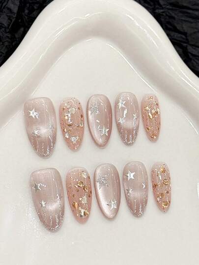 10片手工美甲贴纸，可移除亚克力杏仁形美甲贴，可爱简约设计，饰以金色星星、月亮、珠光、猫眼、法式美甲图案，适合开斋节、新年、情人节、派对、春季、夏季、秋季、冬季，女性必备美妆单品。