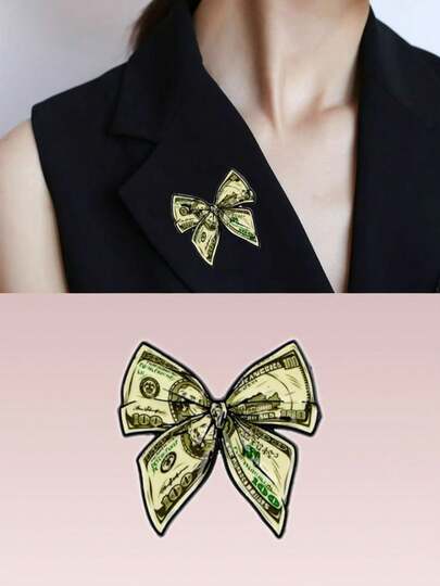 1pc Bowknot Cash Funny Metal Enamel Badge, Versatile Dollar Decor For Bags, Clothes & Accessories