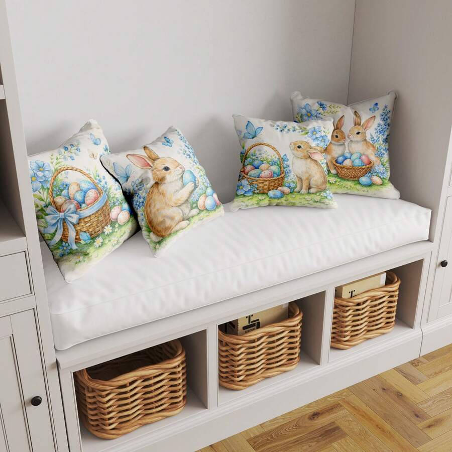 Kit 4 Capas De Almofadas Decorativa Feliz Páscoa - 40x40 cm - Páscoa Coelho Pintura Azul - Visão 1