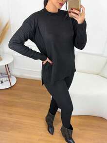Women's Ribbed Knit Set: Mullet Blouse With Long Sleeves, Sweatshirt Set, Sweater, And Jogger Pants With Drawstring Cuffs - Winter Look - 黑色 - 查看 4