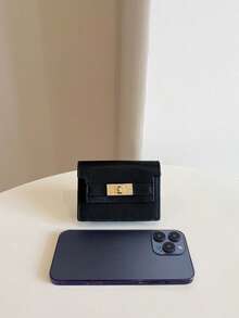 Women's Fashion Litchi Grain Lock Closure Short Multi-Card Slot Clutch Wallet - Black - View 6