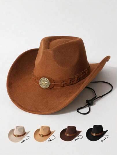 1pc Country And Western Women's Hats, Cowboy, Cowgirl Hat, Cowgirl, Bride. Comes With A Windproof Rope And The Classic Copper Hand-Woven Star Accessory. Suitable For Cycling, Parties, Traveling, Weddings And Photography.