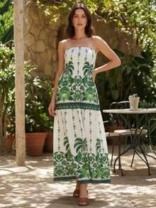 Tropical Long Strapless Printed Dress – Women's Fashion FAST DELIVERY - Green - View 3