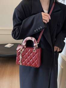 Bolso de mano de piel de poliuretano de unicolor con patrón de rombos y decoración de colgante, bolso de hombro elegante multifuncional para dama, bolso de moda, bolso chic para oficina, trabajo y negocios - Burdeos - Ver 6