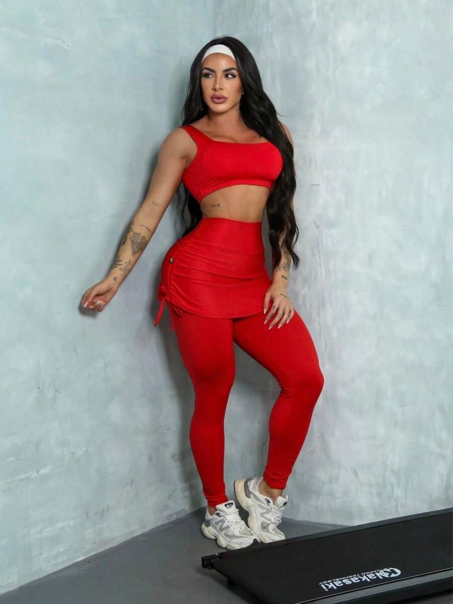 Women's Leggings With Stretched Skirt For Gym Workout Fitness - Non-Transparent - Đỏ - Xem 1