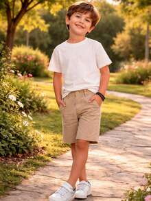 Boys' Linen Bermuda Shorts, Teen Style, Summer Style - 卡其色 - 查看 2