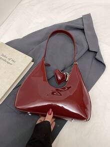 韩国小众红色漆皮法棍新月形单肩包，女士手提包，托特包，时尚腋下包 - 酒紅色 - 查看 8