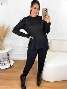 Women's Ribbed Knit Set: Mullet Blouse With Long Sleeves, Sweatshirt Set, Sweater, And Jogger Pants With Drawstring Cuffs - Winter Look - 黑色 - 查看 3