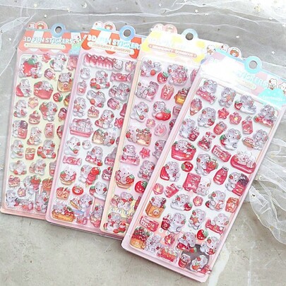 Cute Pink Rabbit Theme, Embossed Texture, Crystal Clear Animal Material Cartoon Waterproof Solid Stickers & Decals, Cute 3D Strawberry Rabbit Solid Candy Stickers, Hard Candy Stickers, Phone Case DIY Decorative Stickers