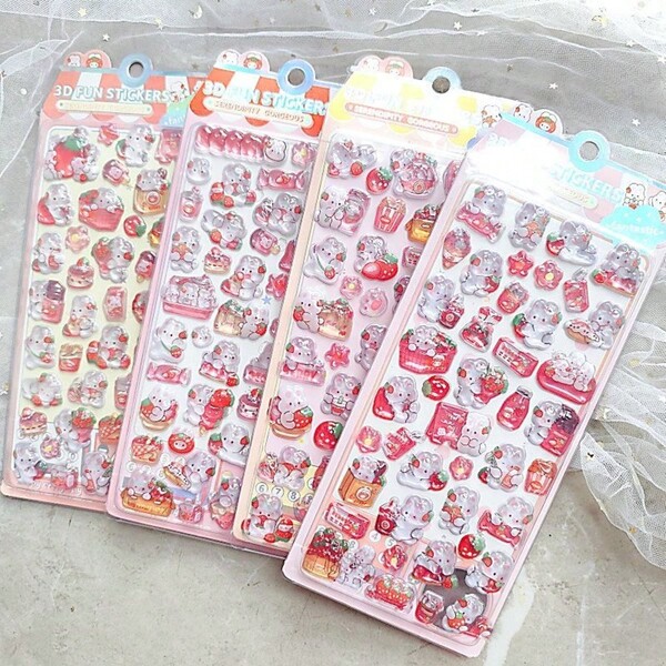 Pegatinas y calcomanías sólidas a prueba de agua con tema de conejo rosa lindo, textura en relieve, material de cristal transparente, pegatinas sólidas de conejo de fresa 3D lindas, pegatinas de caramelo duro, decoración de estuche de teléfono