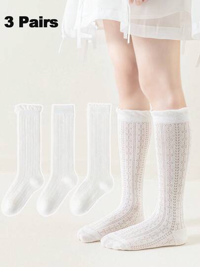 3 Pairs Kids' Spring/Summer New Mesh Breathable Knee-High Socks, Back To School Versatile Socks For Girl Students, White