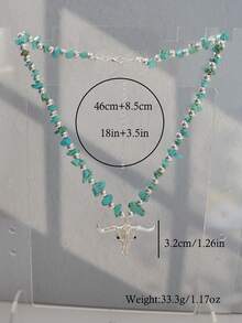 Bohemian Style Turquoise Rhinestone Bull Head Pendant Necklace - Turquoise - View 2