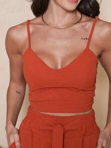 Women's Set: Wide-Leg Pants And Cropped Top With Padded Cups And Adjustable Straps. Available In Autumn/Winter Colors. - Terracotta - View 2