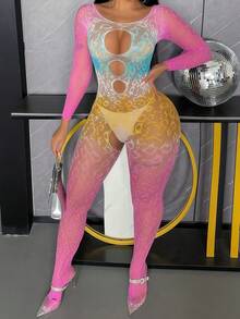 性感内衣，女士长袖渔网连体衣，豹纹性感套装，连体衣，镂空连体袜，比基尼罩衫 - 漸層粉 - 查看 5