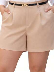 Women's Plus Size Tailored Shorts With Belt And Pockets, High Waist - Beige - View 3