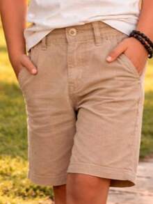 Boys' Linen Bermuda Shorts, Teen Style, Summer Style - 卡其色 - 查看 1