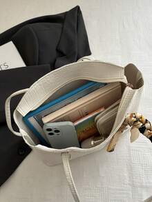 1 Peça Bolsa de Ombro Sólida Estampada Moda Feminina para Transporte, Bolsa de Ombro Versátil Portátil de Grande Capacidade, Adequada para Encontros, Compras, Passeios, Viagens, Acompanhada de Lenço - Branco - Visão 10