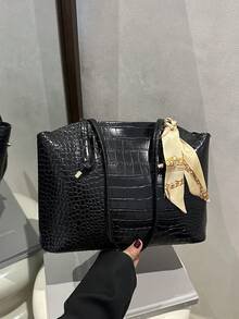 1件装女士时尚通勤纯色压纹单肩包，便携多功能大容量单肩手提包，适合约会、购物、外出、旅行，附赠围巾 - 黑色 - 查看 2
