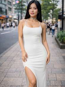 Women's Long White Dress In Spandex With Padded Cups, Side Slit, Lace Back, Body-Shaping, For Parties - 白色 - 查看 2