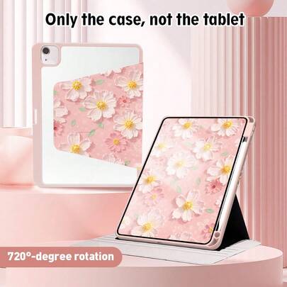 1pc Pink Floral Pattern Flip Cover Tablet Protective Case, With Pen Slot, 720 Degree Rotating Stand, PU Leather Case With Auto Sleep/Wake Function, Compatible With Huawei, Compatible With Honor, Apple, And Other Tablet Brands, Suitable For Back To School, Valentine's Day