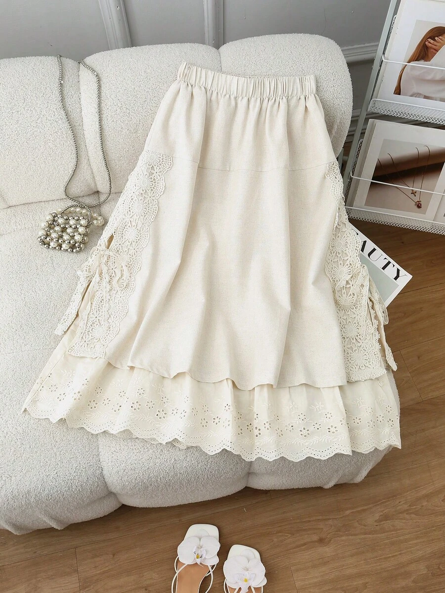 Falda larga de verano/primavera de nueva tela de lino y algodón con doble capa y bordado, falda larga plisada con cintura elástica y estampado floral, versátil y casual - Albaricoque - Ver 1