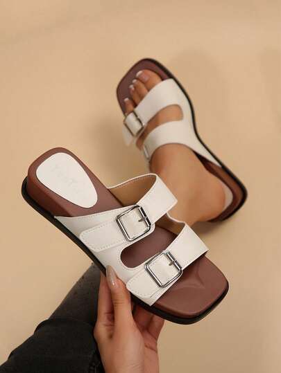 Women's Square Toe Double Buckle Decor Wedge Sandals, Fashionable And Comfortable Wedge Slippers, Suitable For Summer Beach And Casual Daily Wear