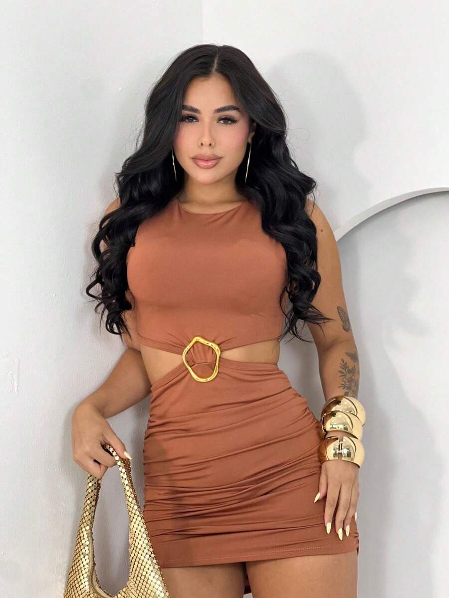 Women's Short Dress With Buckle Detail - Summer Launch - Camel - View 1