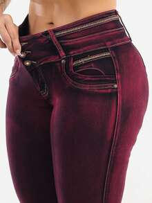 MX JEANS Butt Lifting Burgundy Acid Wash Skinny Jeans - Nhiều màu - Xem 10