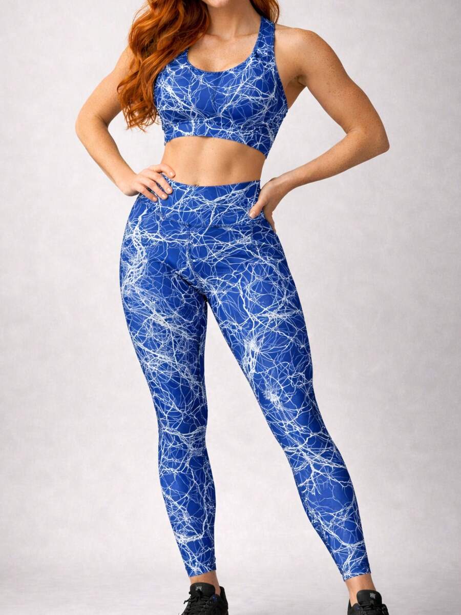 SHOWOFF Women's Fitness Set For Gym - Sports Top + High-Waisted Thick Leggings With Super Elastane - 霧霾藍 - 查看 1