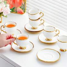 18 Pcs Ceramic Coffee Cup And Saucer Set (6 Cups, 6 Saucers, 6 Spoons) Tea Cup - White + Gold - View 9