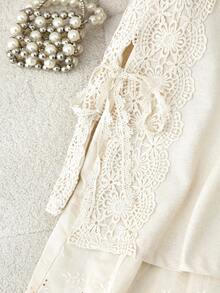 Falda larga de verano/primavera de nueva tela de lino y algodón con doble capa y bordado, falda larga plisada con cintura elástica y estampado floral, versátil y casual - Albaricoque - Ver 4