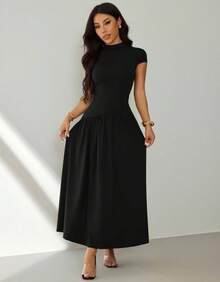 Women's Long Dress With High Neck, Short Sleeves, Loose Fit, Evangelical/Formal Fashion - màu đen - Xem 4