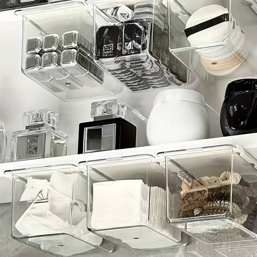 1/2pcs Expandable Plastic Cosmetic Storage Box | Transparent Minimalist Bathroom Organizer Box, Suitable For Cotton Swabs, Makeup Pads, Lipsticks - Mirrored Cabinet Drawer-Style Hidden Pull-Out Shelf, With Hanging Installation, Storage & Organization