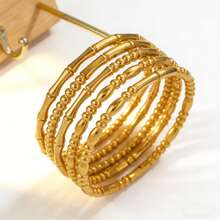 1件装不锈钢可叠戴手链，女士款——精致串珠手镯，波西米亚风饰品，适合日常佩戴和送礼” - 金色 - 查看 4