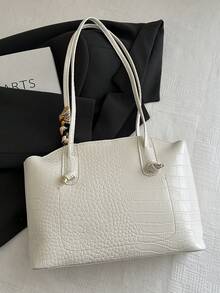 1 Peça Bolsa de Ombro Sólida Estampada Moda Feminina para Transporte, Bolsa de Ombro Versátil Portátil de Grande Capacidade, Adequada para Encontros, Compras, Passeios, Viagens, Acompanhada de Lenço - Branco - Visão 9